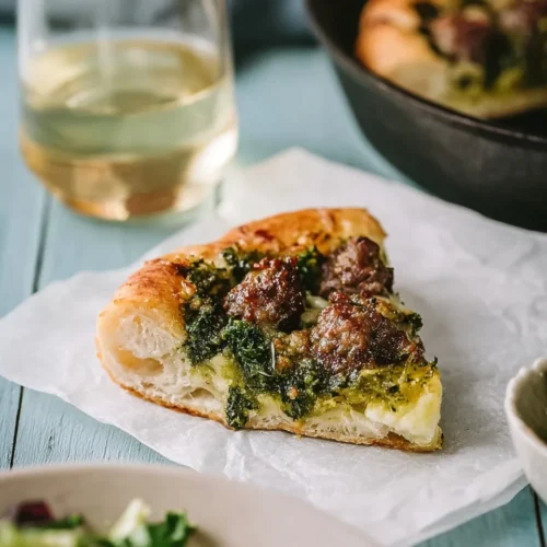 Close-up view of a thick slice of cast iron skillet pizza topped with pesto and sausage resting on parchment paper, with a glass of white wine and a salad bowl in the background.