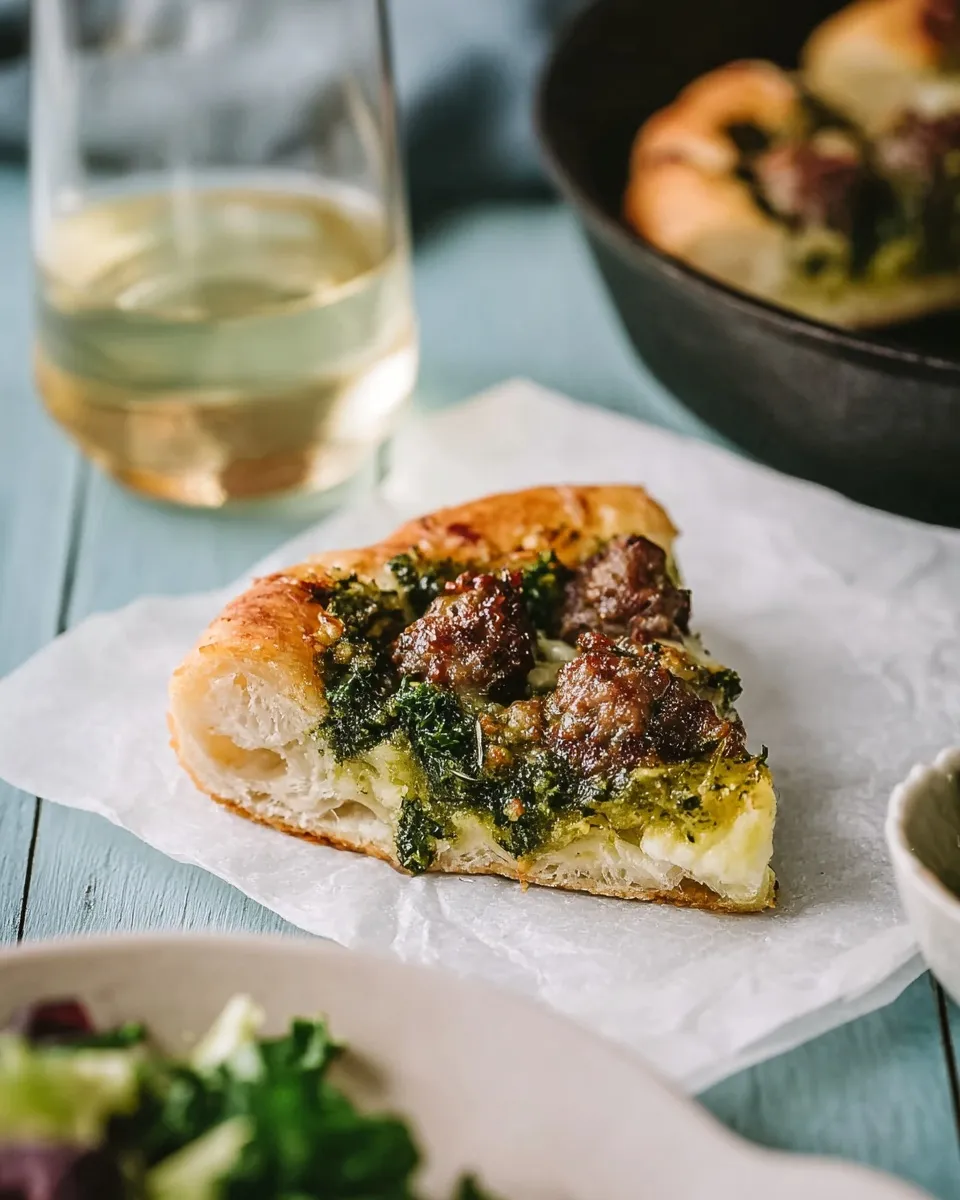 Close-up view of a thick slice of cast iron skillet pizza topped with pesto and sausage resting on parchment paper, with a glass of white wine and a salad bowl in the background.