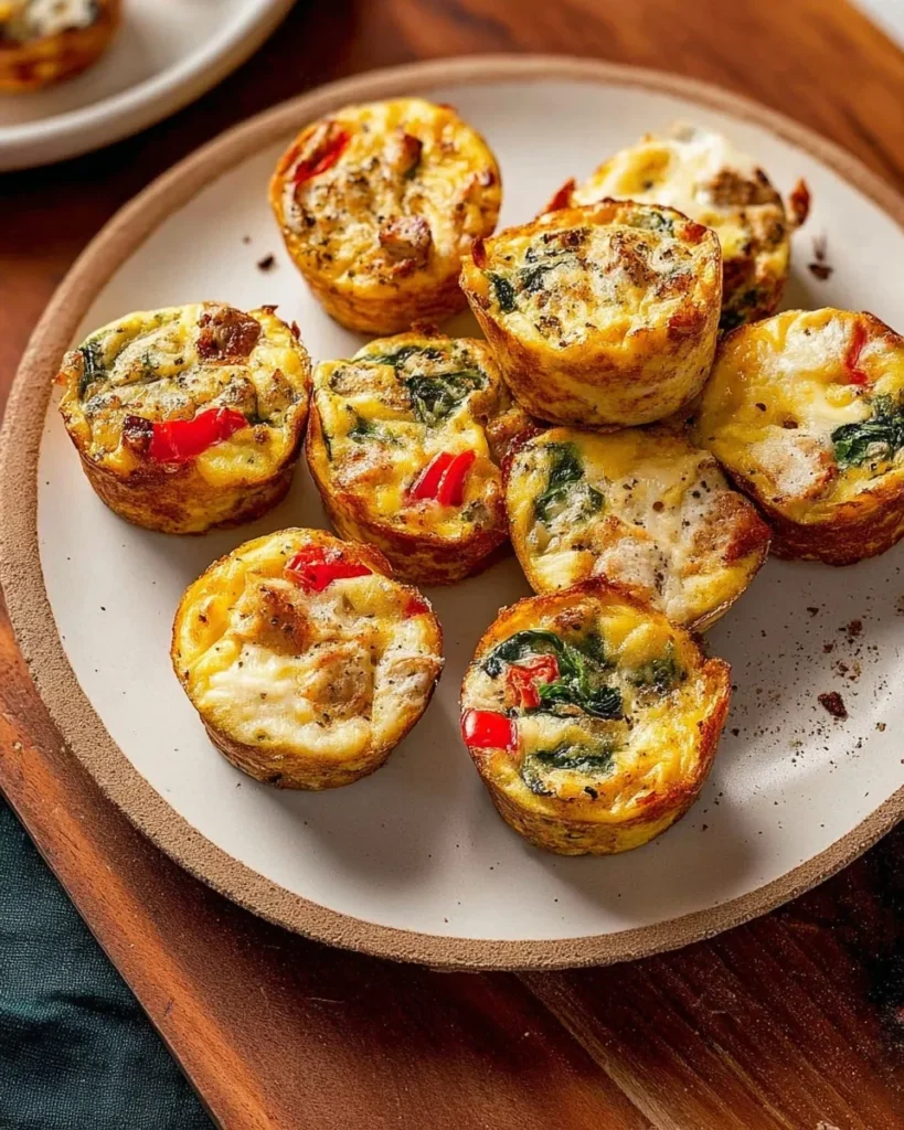 A close-up, high-angle view of a ceramic plate piled with golden-brown high-protein egg muffin cups. The muffins feature visible chunks of chicken sausage, red bell peppers, and spinach.