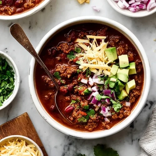 Top-down close-up of a white bowl filled with big batch chili, generously topped with diced avocado, shredded cheddar cheese, chopped red onion, and fresh cilantro. A vintage spoon rests in the bowl, surrounded by small side dishes of toppings on a white marble surface.