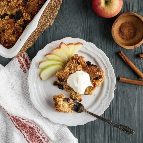 Overhead flat lay of a square of baked oatmeal served on a white plate with fanned apple slices and a dollop of yogurt, set on a dark wood table with cinnamon sticks and the baking dish in the background.