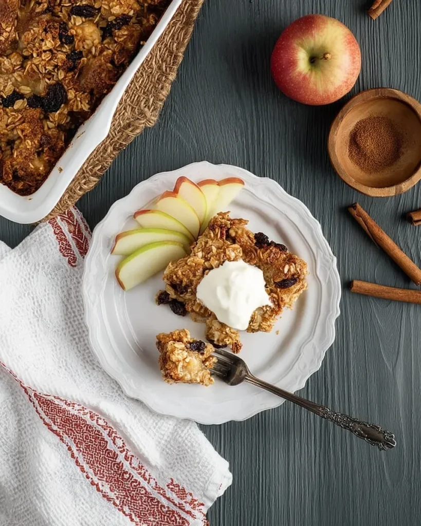 Overhead flat lay of a square of baked oatmeal served on a white plate with fanned apple slices and a dollop of yogurt, set on a dark wood table with cinnamon sticks and the baking dish in the background.