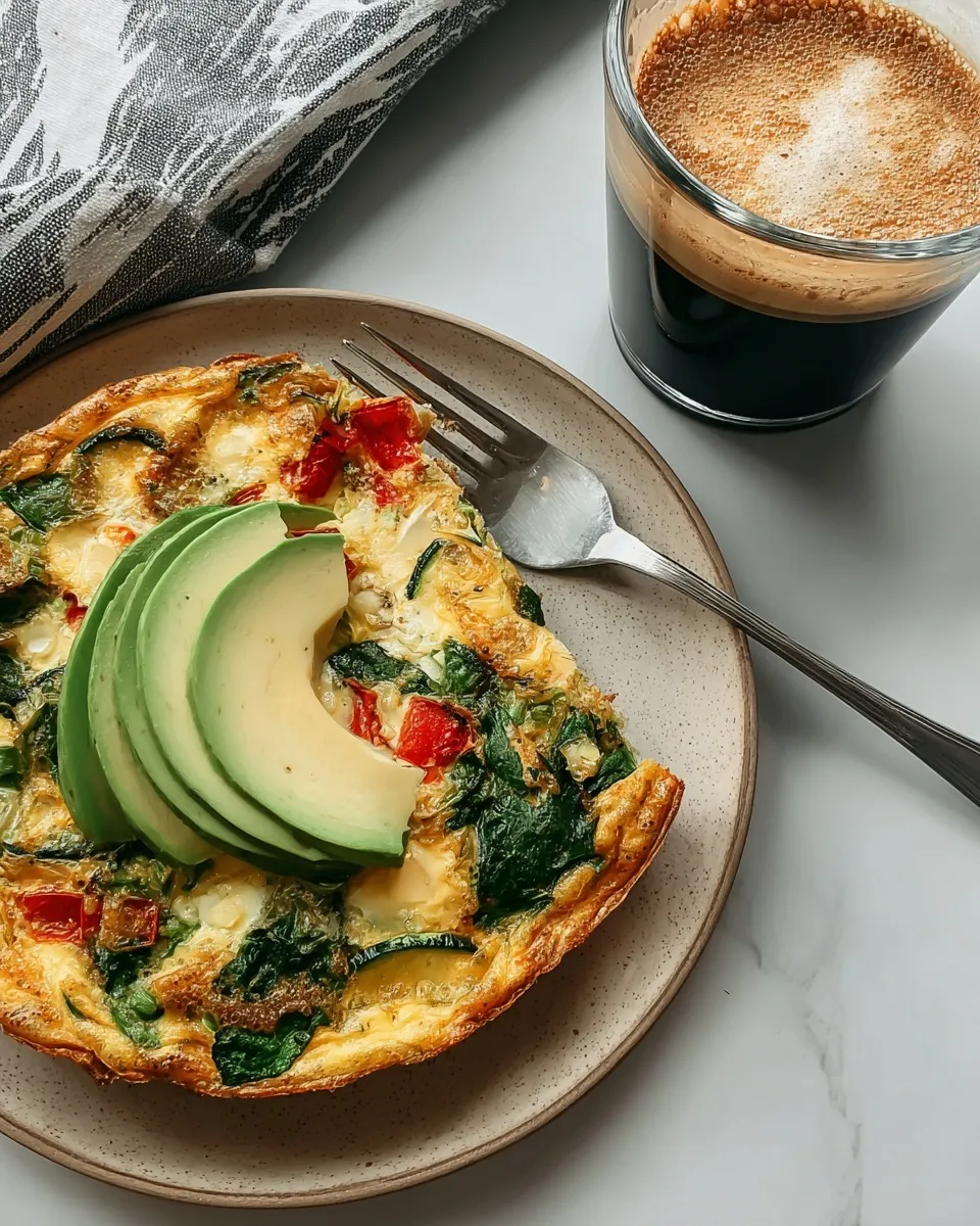 golden single-serving veggie frittata Overhead shot of a golden single-serving veggie frittata topped with fanned avocado slices on a ceramic plate, served with a glass of black coffee.
