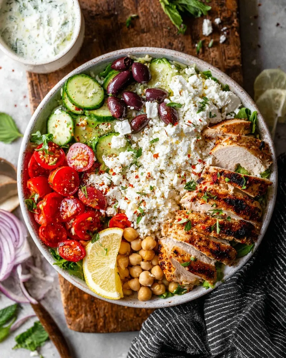 Overhead shot of a vibrant Mediterranean chicken bowl filled with sliced grilled chicken, crumbled feta cheese, chickpeas, cherry tomatoes, cucumbers, and Kalamata olives, served with a side of creamy tzatziki sauce.