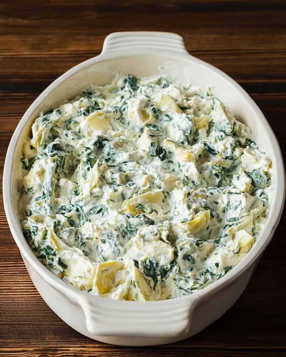 Oval baking dish filled with creamy spinach artichoke dip mixture containing spinach and artichoke hearts on a dark wood table.