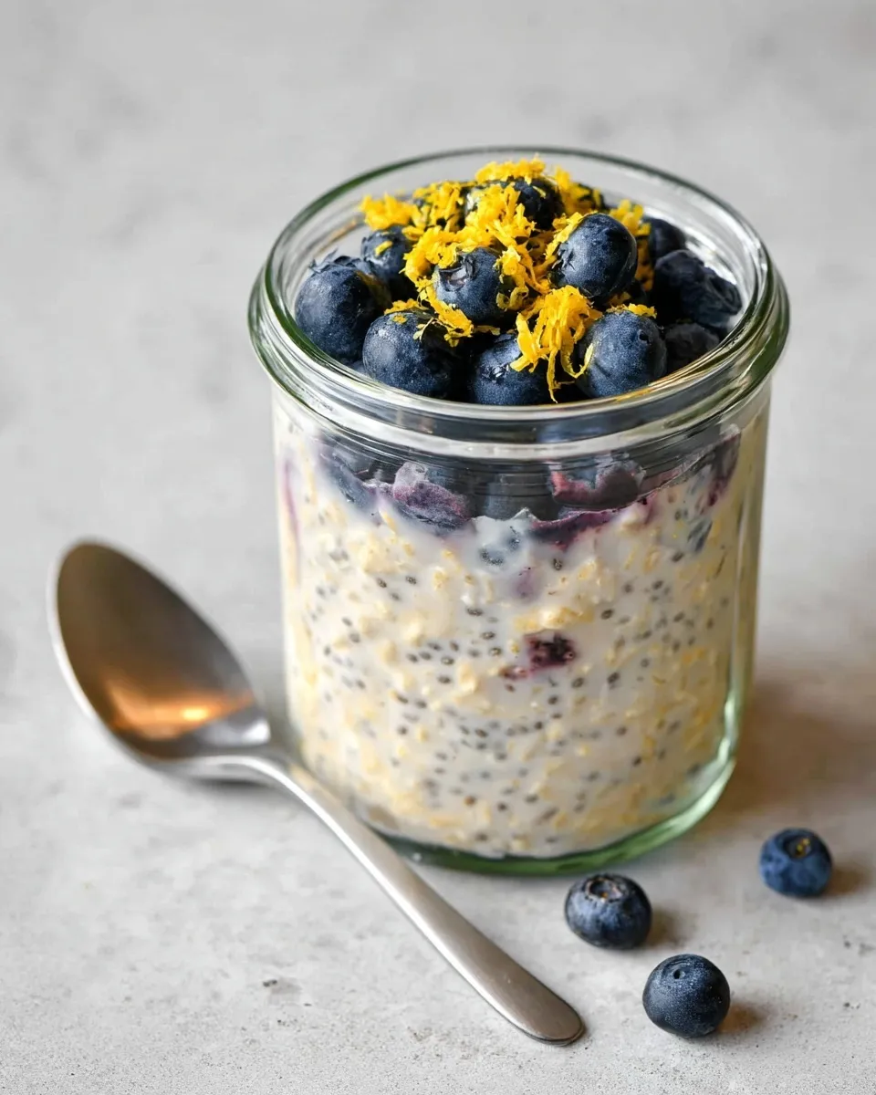 Blueberry Lemon Muffin overnight oats A close-up of a mason jar filled with Blueberry Lemon Muffin overnight oats, featuring layers of creamy oats and blueberry compote, topped with fresh blueberries and bright yellow lemon zest.
