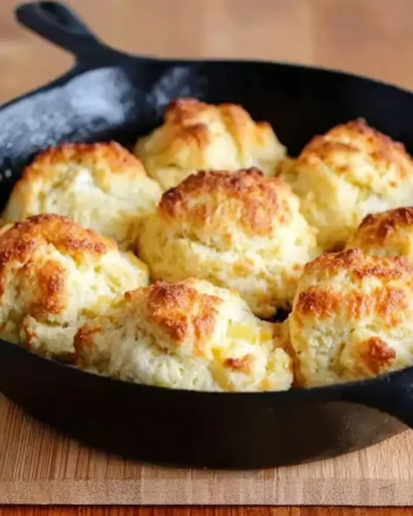 Close-up of golden brown no-roll drop biscuits baked in a cast iron skillet on a wooden board, showing fluffy texture and crispy edges.