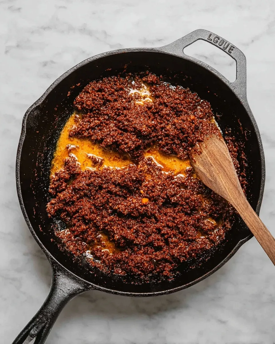 Top-down view of crumbled Mexican chorizo cooking in a cast iron skillet with a wooden spoon, showing the rendered fat and browned texture.