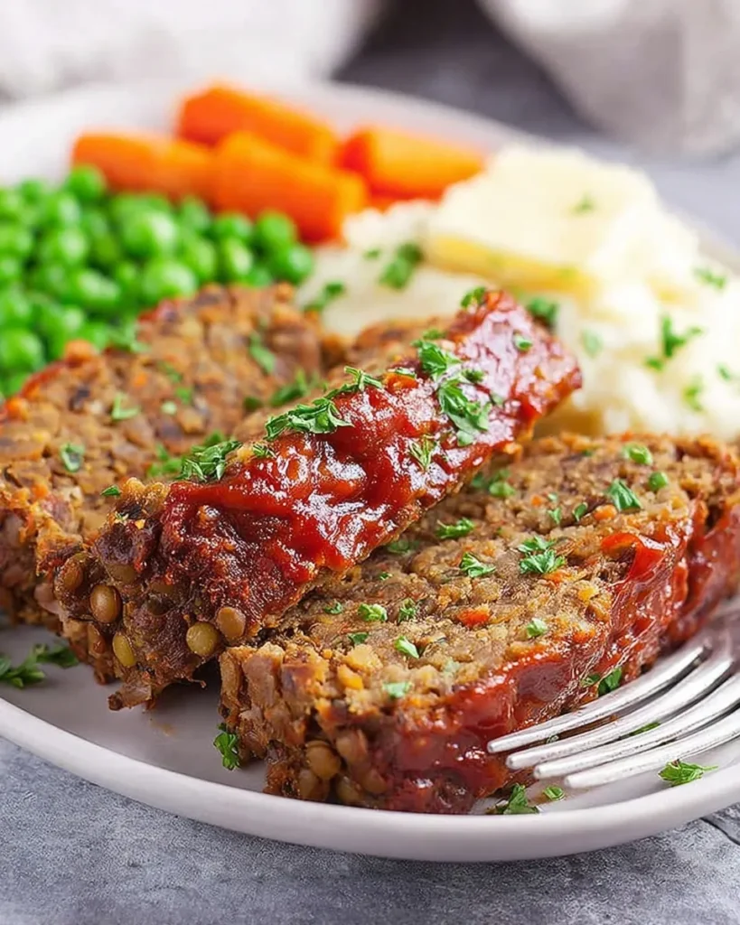 Close-up of three slices of budget-friendly lentil loaf topped with a glossy red glaze and fresh parsley, served on a white plate with mashed potatoes, green peas, and carrots.