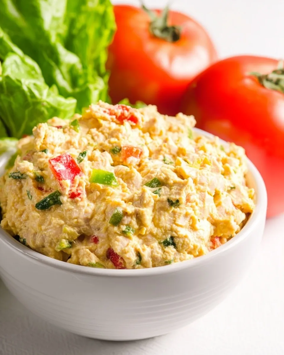 Close-up of creamy vegan chickpea tuna salad in a white bowl, speckled with diced red peppers and green herbs, with fresh tomatoes and lettuce in the background.