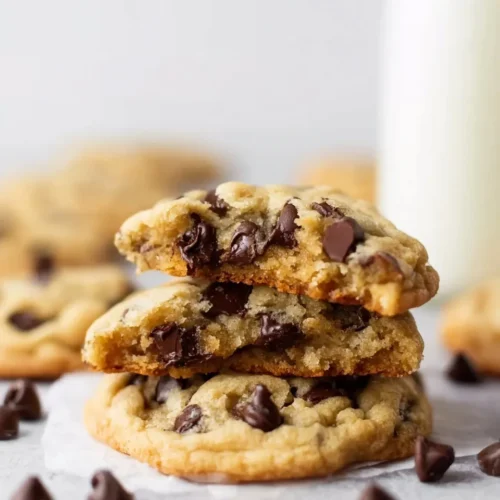 Close-up of a stack of three small batch chocolate chip cookies with the top cookie broken in half to reveal a soft, chewy interior and melted chocolate chips. A blurred glass of milk sits in the background.