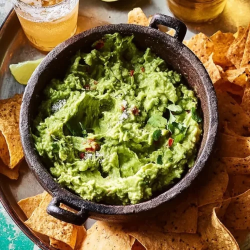 High-angle view of a rustic dark bowl filled with chunky authentic guacamole, surrounded by tortilla chips and cold beers on a serving platter.