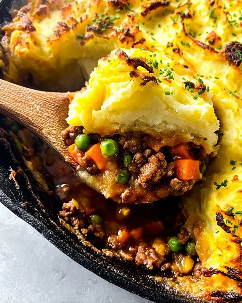 A close-up macro shot of a wooden spoon scooping a generous serving of Beef Stew Shepherd's Pie from a cast iron skillet, revealing layers of savory ground beef filling with carrots and peas underneath a golden-brown, fluffy mashed potato topping garnished with chives.