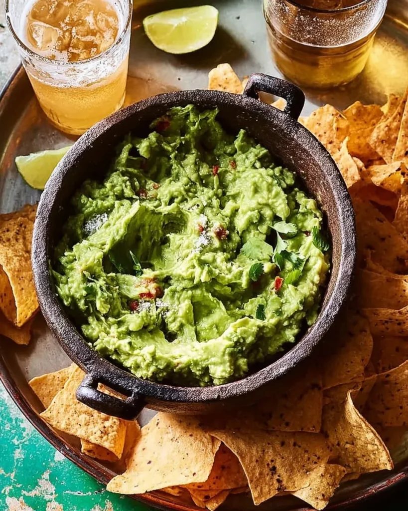 High-angle view of a rustic dark bowl filled with chunky authentic guacamole, surrounded by tortilla chips and cold beers on a serving platter.