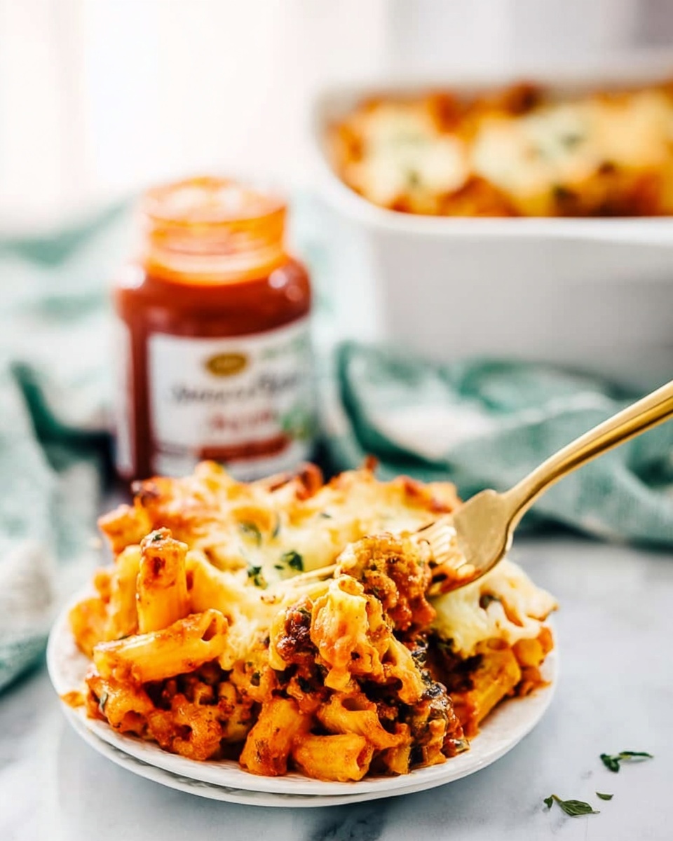 A gold fork taking a bite of saucy 5-ingredient cheesy baked ziti on a white plate, with a jar of marinara sauce and the full baking dish blurred in the background.