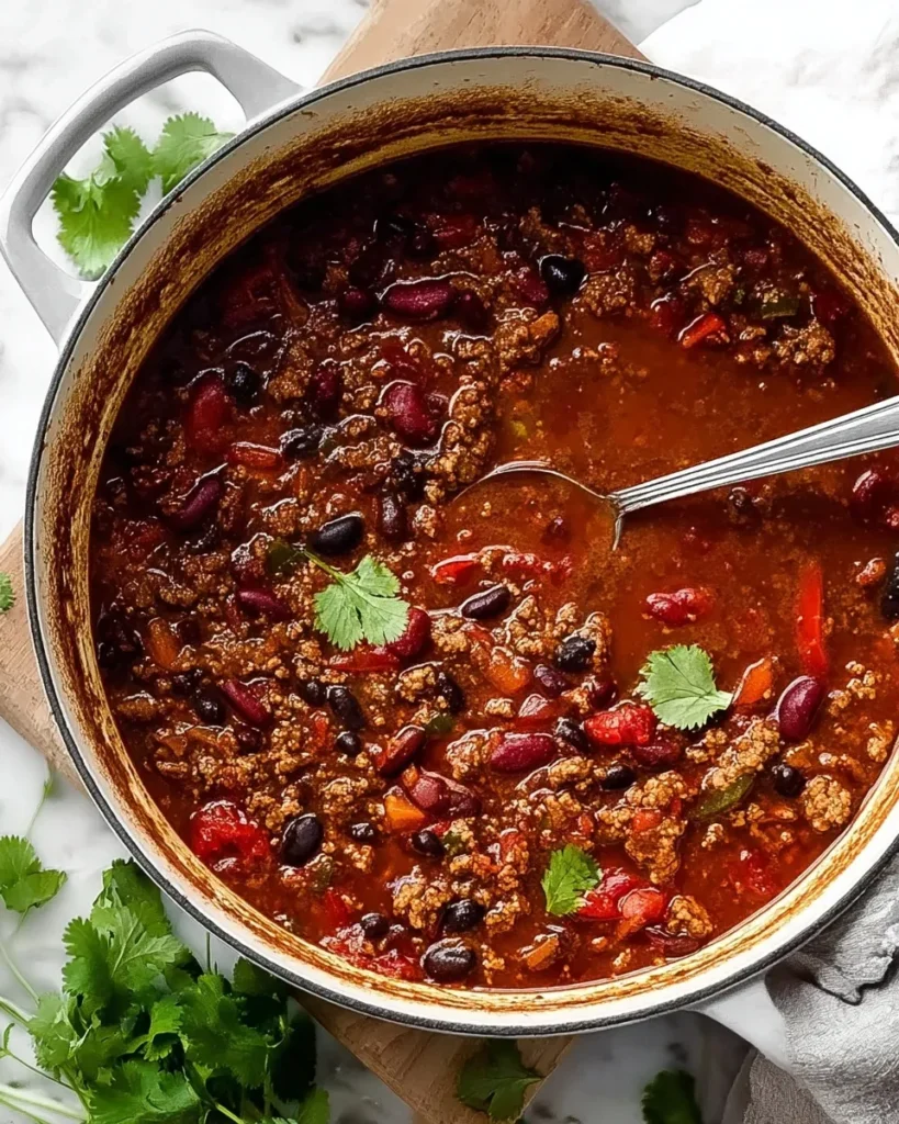 Top-down view of a large white Dutch oven filled with hearty big batch chili, featuring ground beef, kidney beans, and diced tomatoes. A silver serving spoon rests in the pot, and the chili is garnished with fresh cilantro leaves on a white marble surface.