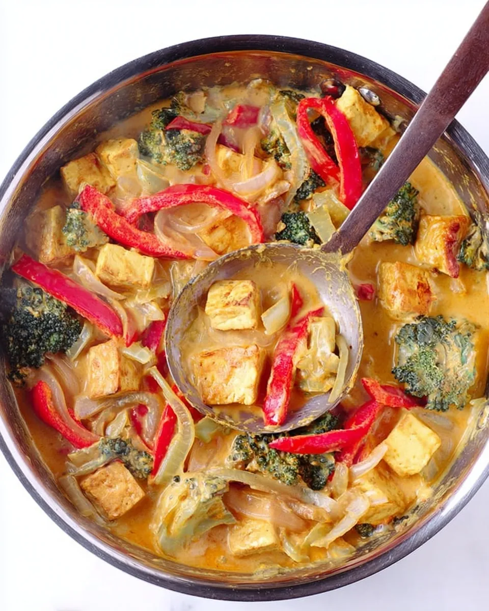 a large stainless steel pot filled with creamy coconut curry Top-down view of a large stainless steel pot filled with creamy coconut curry, loaded with golden cubes of tofu, broccoli florets, and sliced red peppers. A silver ladle is lifting a generous scoop of the rich, yellow sauce and vegetables.