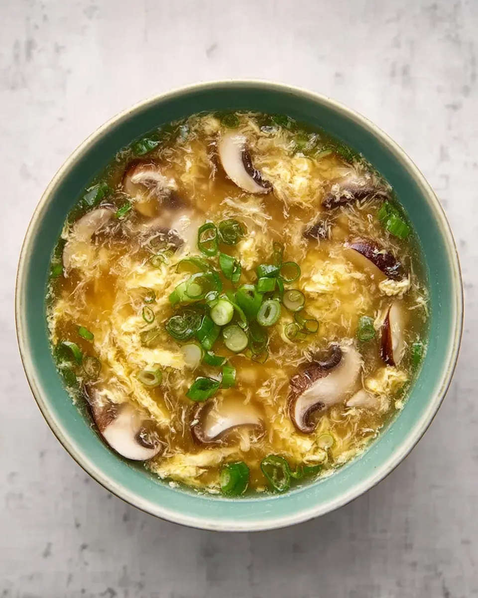 Overhead view of a teal bowl filled with hot emergency egg drop soup, featuring silky egg ribbons, sliced shiitake mushrooms, and a fresh garnish of chopped green onions on a light grey background.