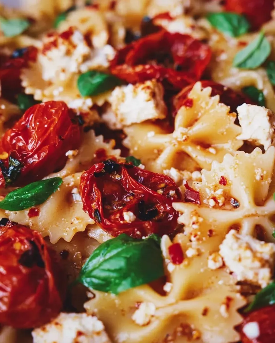 of single serving baked feta pasta Macro close-up of single serving baked feta pasta featuring glossy bowtie noodles, jammy roasted cherry tomatoes, crumbled feta, and fresh basil leaves.