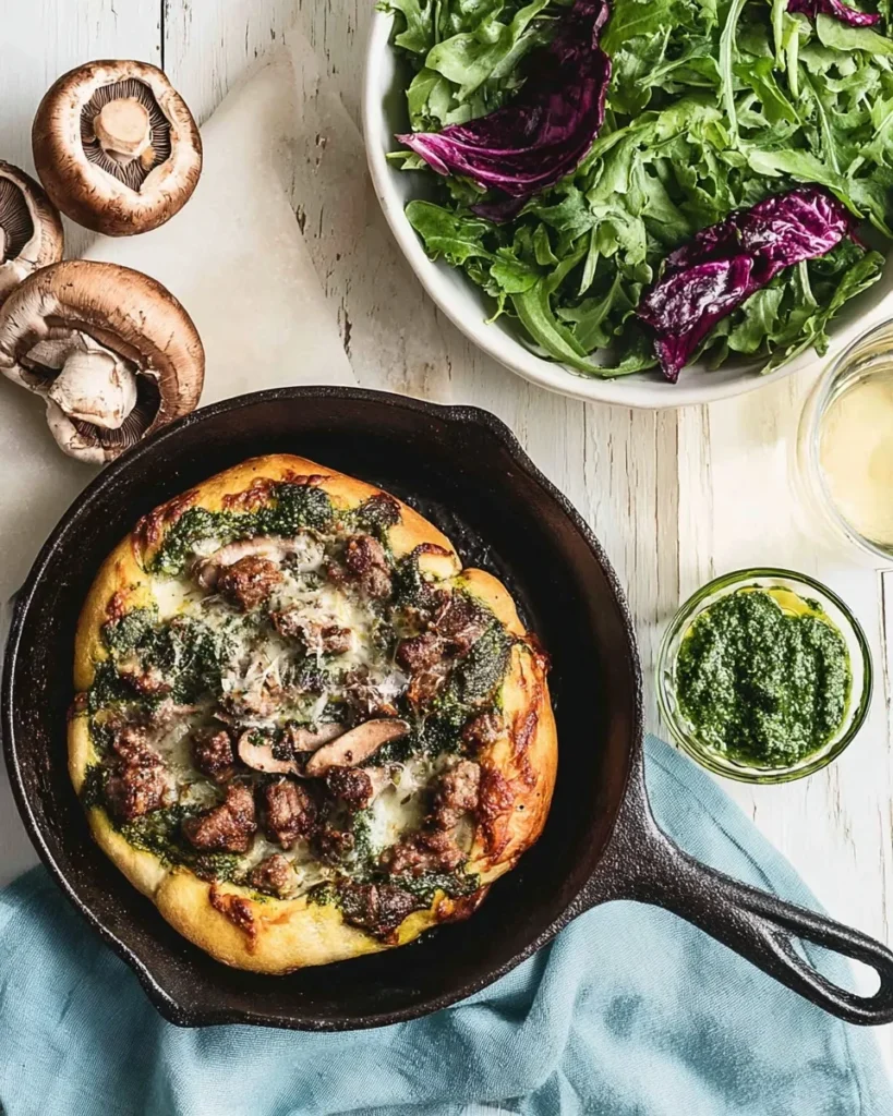 Top-down view of a baked tiny cast iron skillet pizza topped with sausage, mushrooms, and pesto, served alongside a bowl of mixed green salad, fresh mushrooms, and a glass of white wine on a white wooden table.