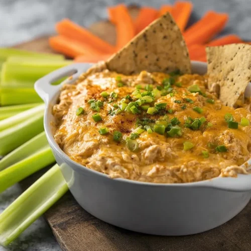 A white ceramic bowl filled with creamy buffalo chicken dip topped with melted cheddar cheese, chopped green onions, and paprika. Two tortilla chips are dipped into the bowl, with fresh celery sticks and carrots in the background.