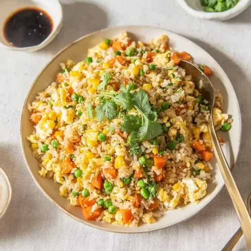 High-angle shot of colorful vegetable fried rice on a beige plate, packed with diced carrots, peas, corn, and fluffy scrambled eggs, garnished with fresh cilantro and served with a side of soy sauce and a gold spoon.