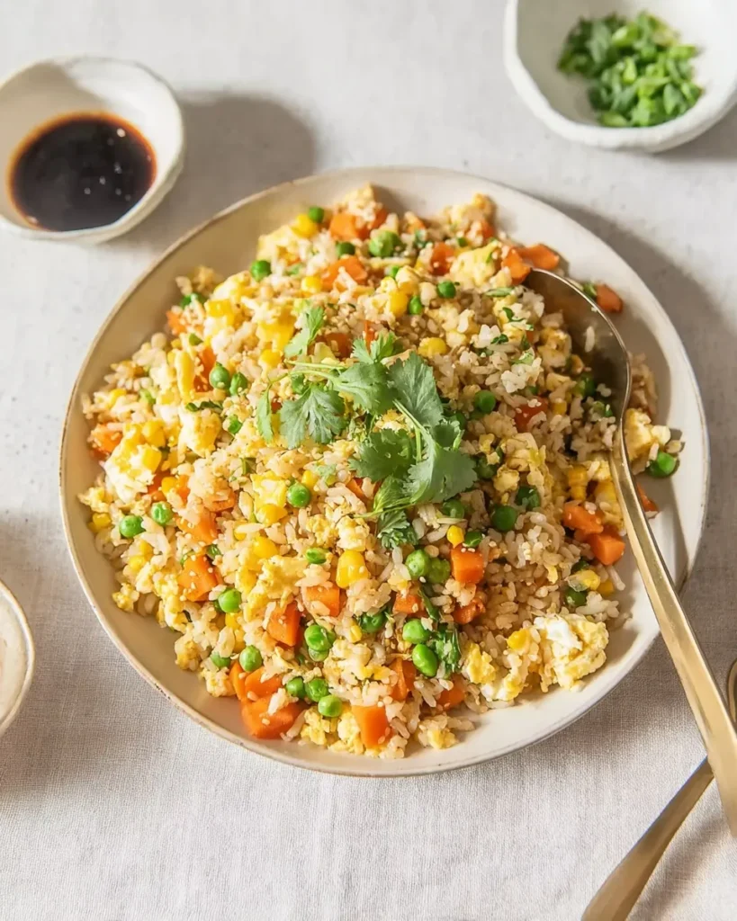 High-angle shot of colorful vegetable fried rice on a beige plate, packed with diced carrots, peas, corn, and fluffy scrambled eggs, garnished with fresh cilantro and served with a side of soy sauce and a gold spoon.