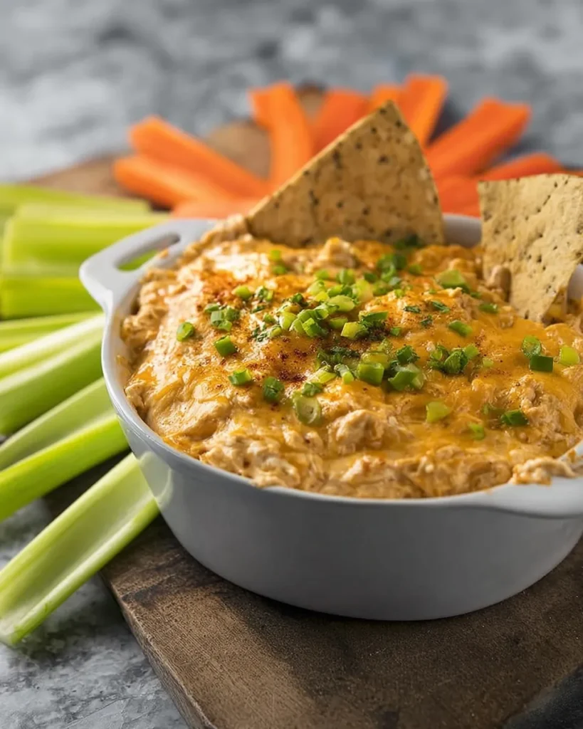 A white ceramic bowl filled with creamy buffalo chicken dip topped with melted cheddar cheese, chopped green onions, and paprika. Two tortilla chips are dipped into the bowl, with fresh celery sticks and carrots in the background.