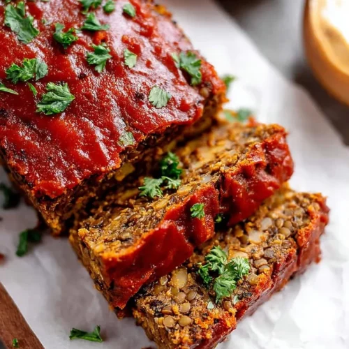 igh-angle close-up of a sliced vegan lentil loaf resting on white parchment paper. The loaf is topped with a rich red ketchup glaze and sprinkled with chopped fresh parsley, revealing a dense, savory interior texture packed with lentils and walnuts.
