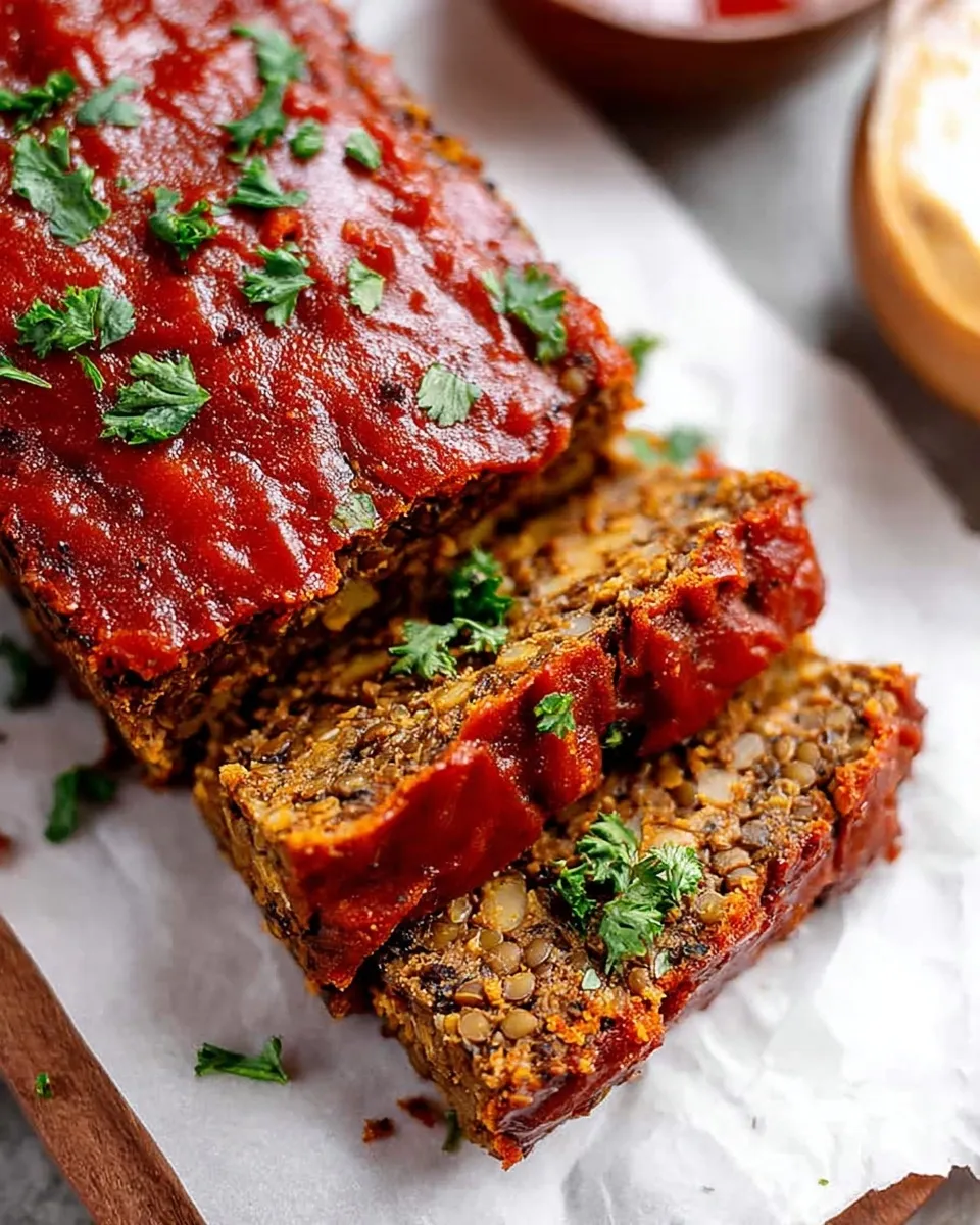 igh-angle close-up of a sliced vegan lentil loaf resting on white parchment paper. The loaf is topped with a rich red ketchup glaze and sprinkled with chopped fresh parsley, revealing a dense, savory interior texture packed with lentils and walnuts.