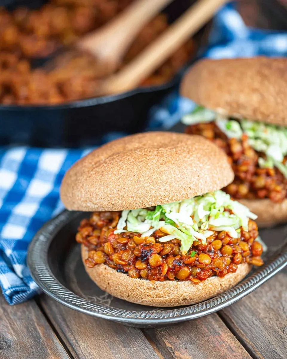 Two vegetarian Lentil Sloppy Joe sandwiches on whole wheat buns topped with creamy green coleslaw, served on a vintage metal tray with a skillet of filling in the background.