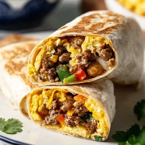 A close-up, high-angle shot of a toasted breakfast burrito cut in half and stacked on a white plate. The cross-section reveals a hearty make-ahead burrito filling consisting of fluffy scrambled eggs, browned turkey sausage crumbles, melted cheddar cheese, and diced green and red bell peppers, all wrapped in a grilled flour tortilla.