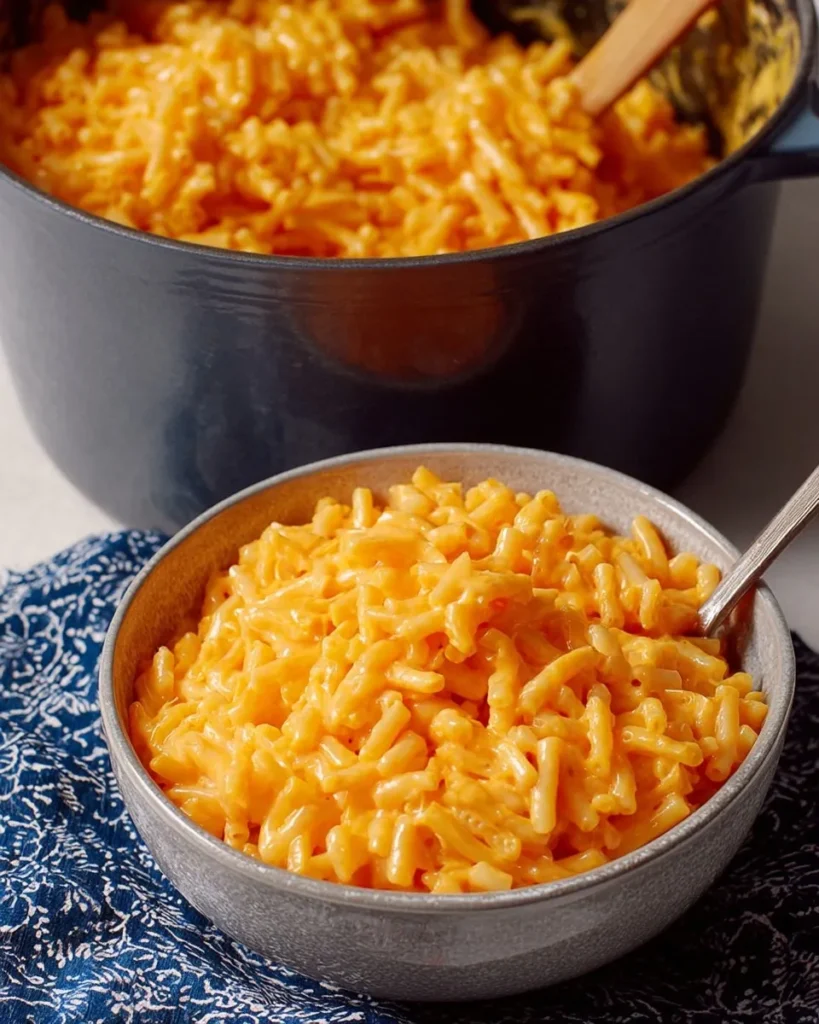 Close-up vertical shot of a grey ceramic bowl filled with creamy upgraded boxed mac and cheese, resting on a blue patterned napkin with a large pot of pasta in the background.