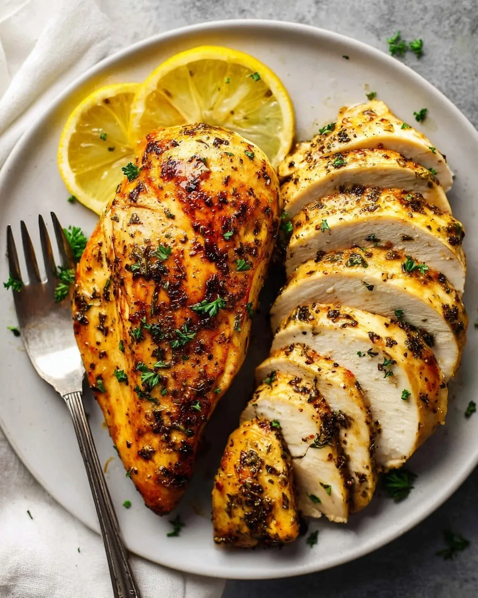 juicy air fryer chicken breast Overhead view of juicy air fryer chicken breast served on a light gray plate with fresh lemon slices and parsley. One breast is sliced to reveal the tender, moist white meat interior and savory herb seasoning crust, accompanied by a silver fork.