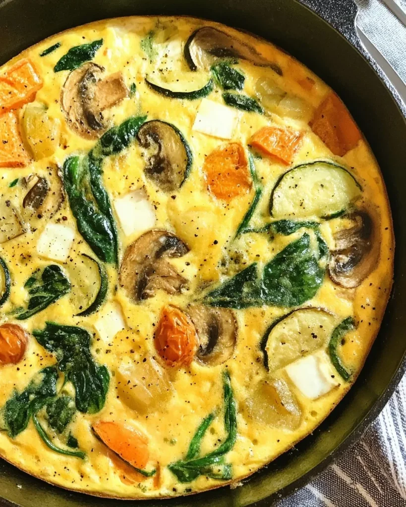 Overhead close-up shot of a golden roasted vegetable frittata baked in a black cast iron skillet, featuring visible ingredients like sliced zucchini, mushrooms, spinach leaves, roasted sweet potato chunks, cherry tomatoes, and cubes of white feta cheese sprinkled with black pepper.