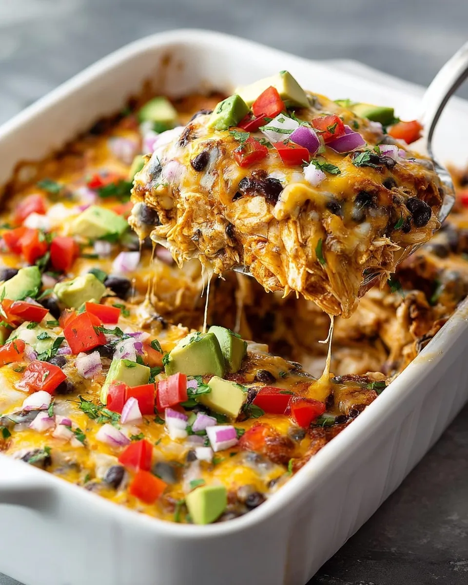 Close-up of a metal spatula lifting a cheesy square of chicken enchilada casserole, revealing layers of shredded chicken, black beans, and melted cheese topped with fresh avocado and tomatoes.