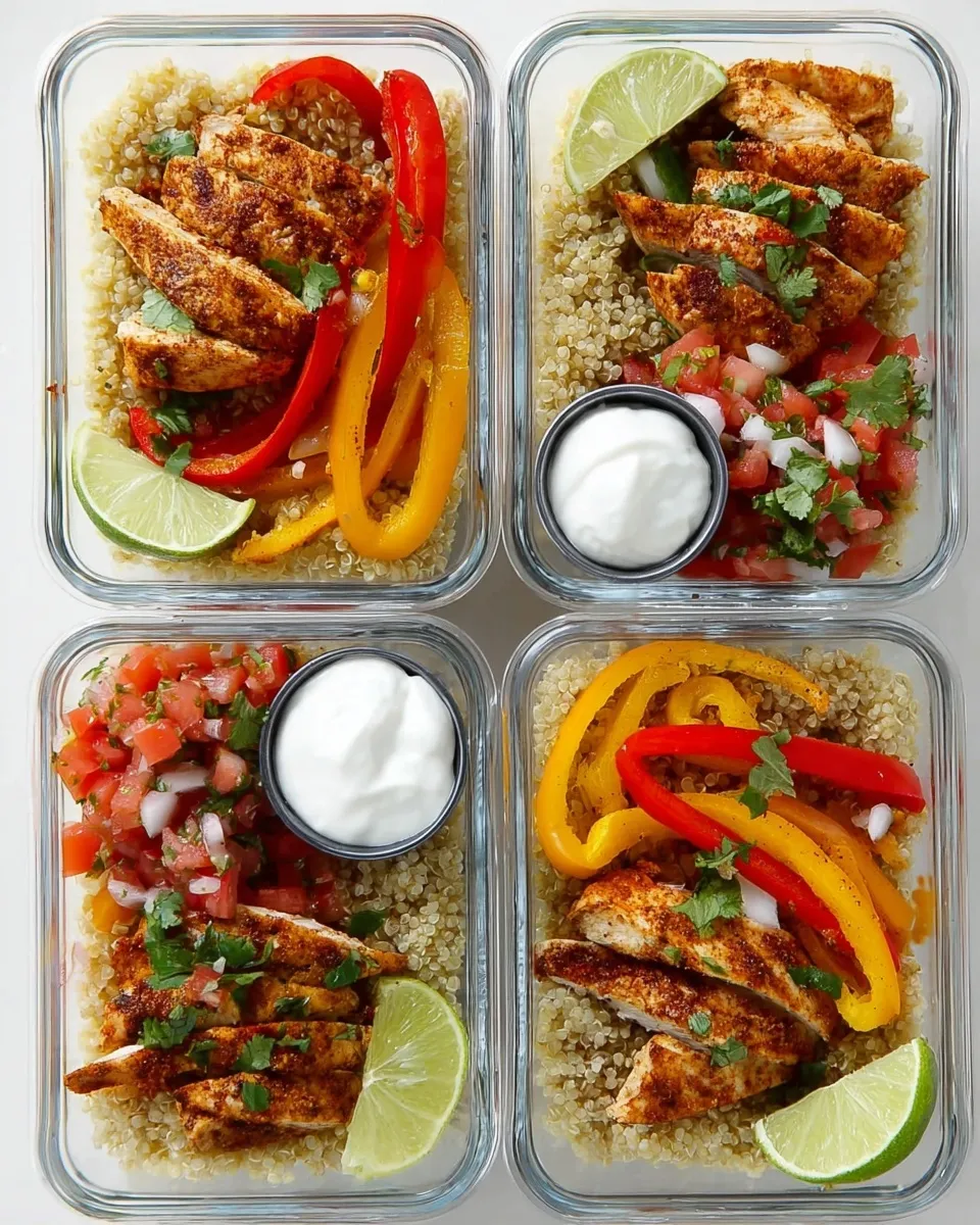 Overhead view of four glass meal prep containers arranged in a square, filled with quinoa, seasoned roasted chicken strips, red and yellow bell peppers, fresh salsa, lime wedges, and small condiment cups of sour cream.