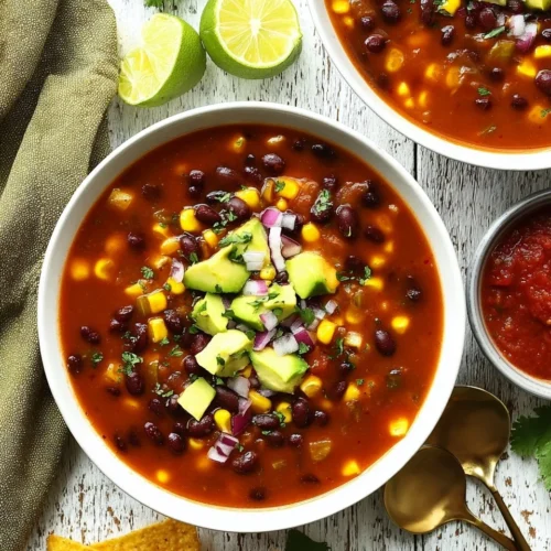 Overhead flat-lay shot of two white bowls filled with black bean and corn soup, topped with diced avocado, red onion, and fresh cilantro. The rustic white table setting includes fresh lime halves, a green linen napkin, gold spoons, a side of salsa, and scattered tortilla chips.