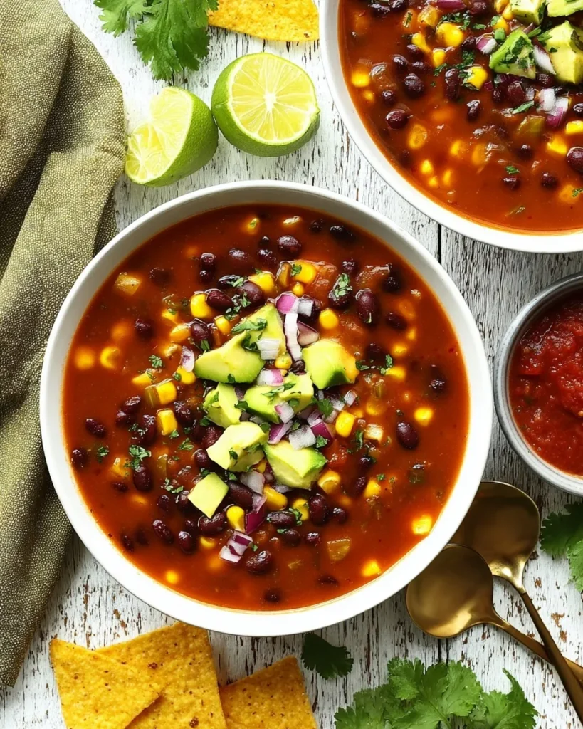 Overhead flat-lay shot of two white bowls filled with black bean and corn soup, topped with diced avocado, red onion, and fresh cilantro. The rustic white table setting includes fresh lime halves, a green linen napkin, gold spoons, a side of salsa, and scattered tortilla chips.