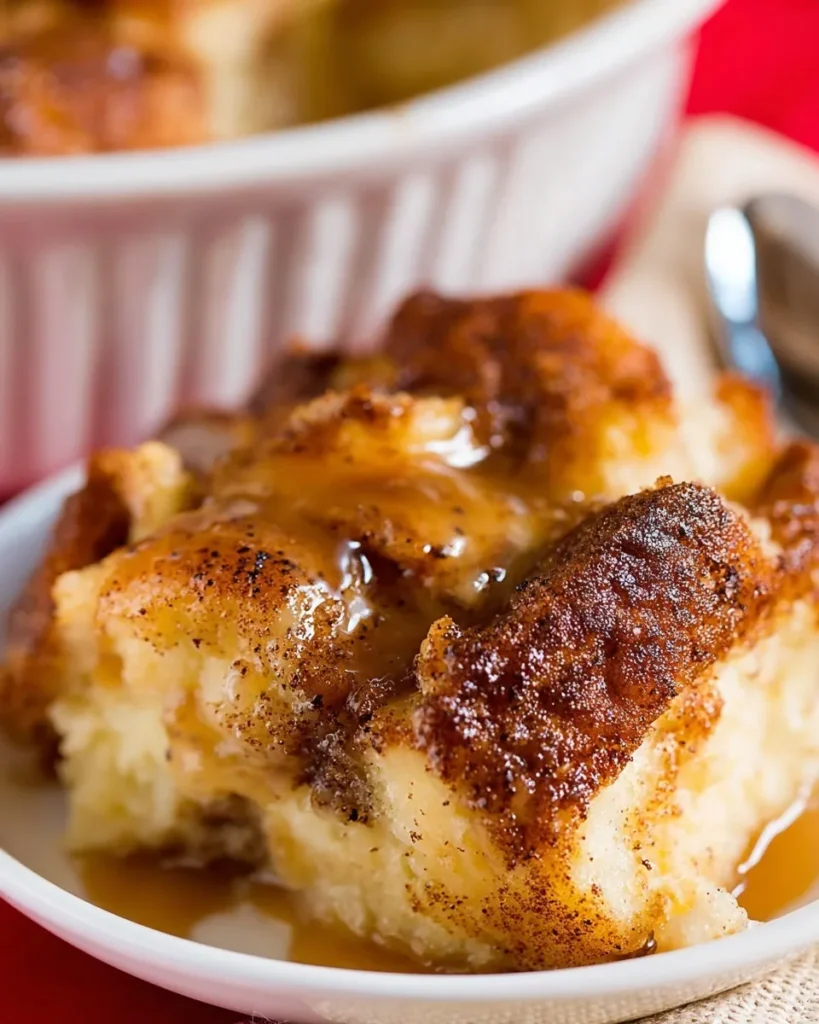 Close-up of a fluffy slice of bread pudding from stale bread on a white plate, generously drizzled with a glossy brown sugar butter sauce, showing the golden cinnamon crust and soft custardy interior.