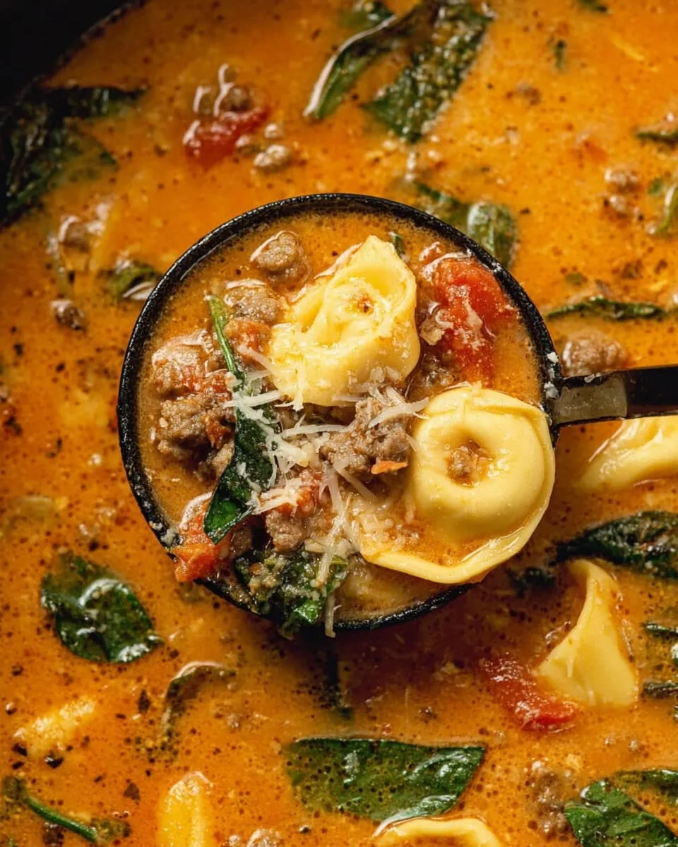 A black ladle lifting a generous serving of creamy Slow Cooker Tortellini Soup with Sausage, featuring cheese tortellini, spinach, and parmesan.