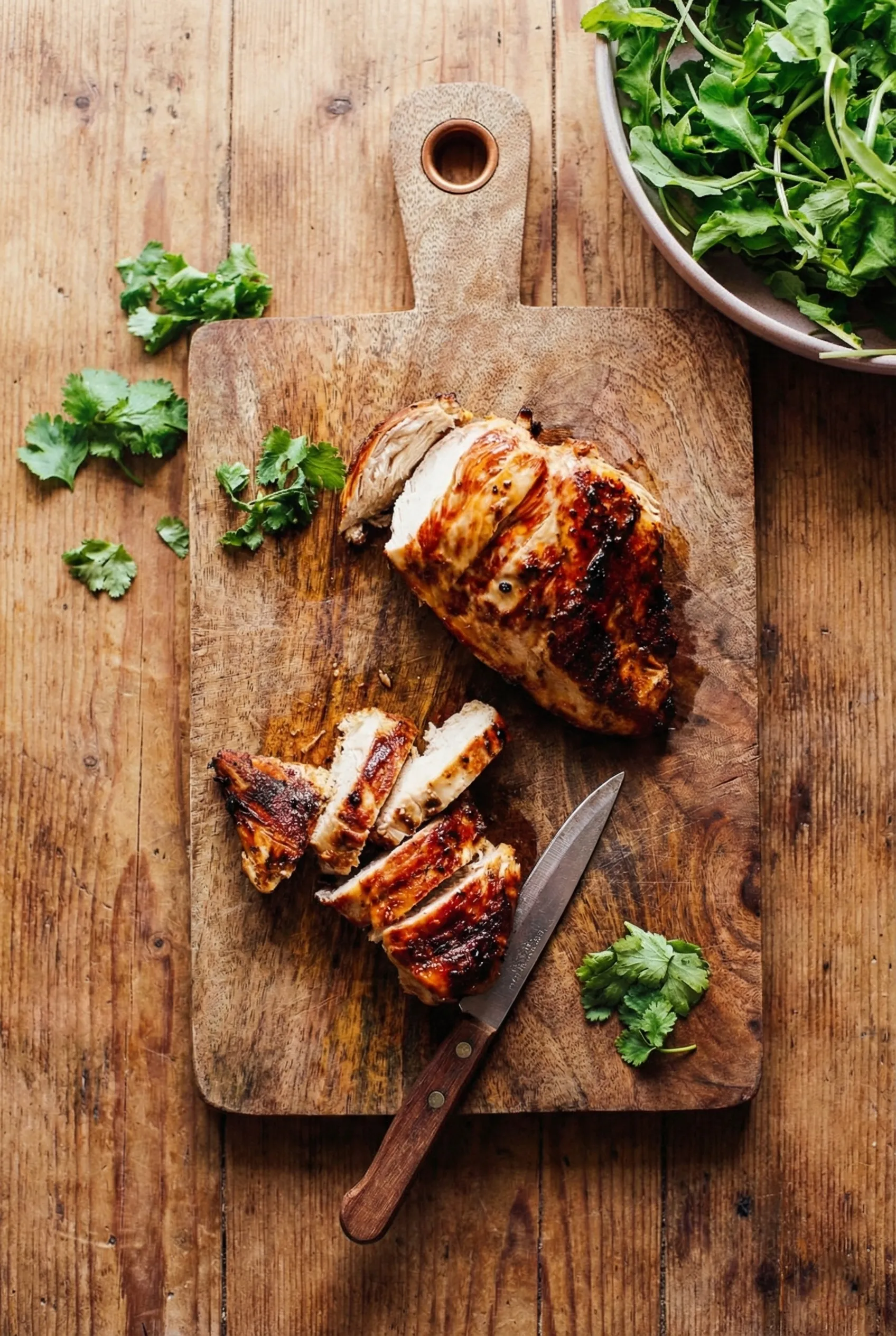 Overhead shot of a golden-brown grilled chicken breast on a rustic wooden cutting board, partially sliced to reveal juicy meat, with a small knife and fresh herb garnish.