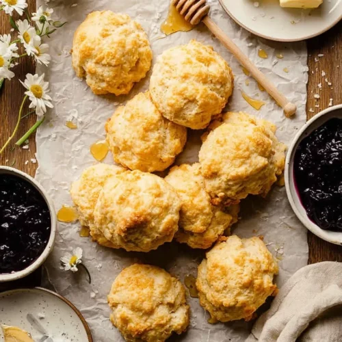 Overhead flat lay of golden No-Roll Drop Biscuits piled on parchment paper, drizzled with honey and surrounded by blueberry jam, butter, and fresh daisies on a wooden table.