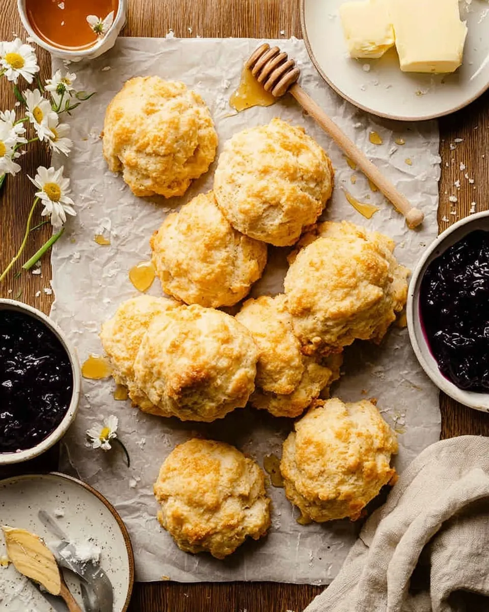 Overhead flat lay of golden No-Roll Drop Biscuits piled on parchment paper, drizzled with honey and surrounded by blueberry jam, butter, and fresh daisies on a wooden table.