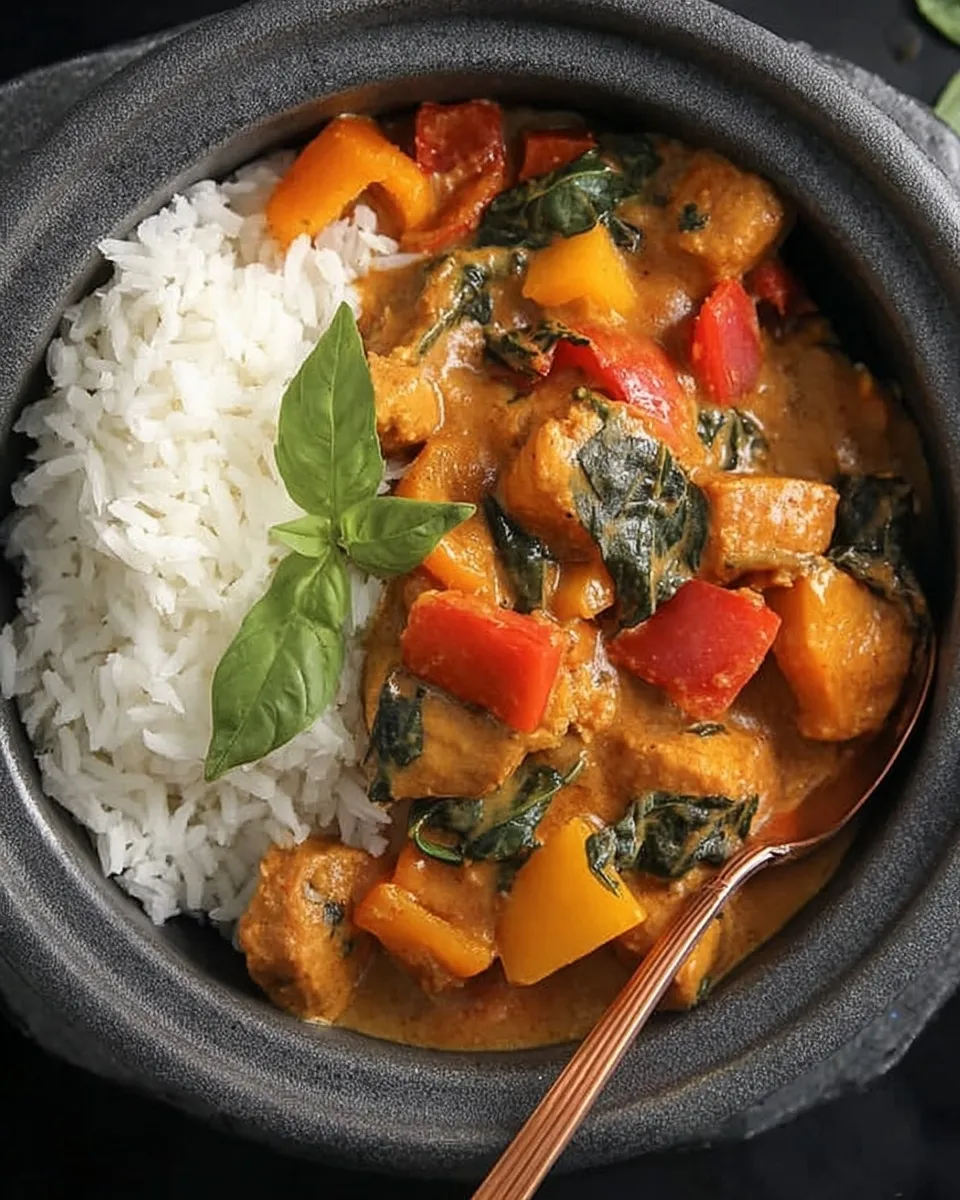 creamy red curry with chicken Top-down view of a dark grey stone bowl containing creamy red curry with chicken, red and yellow bell peppers, and spinach served alongside fluffy white rice, garnished with a sprig of fresh basil and a copper spoon.