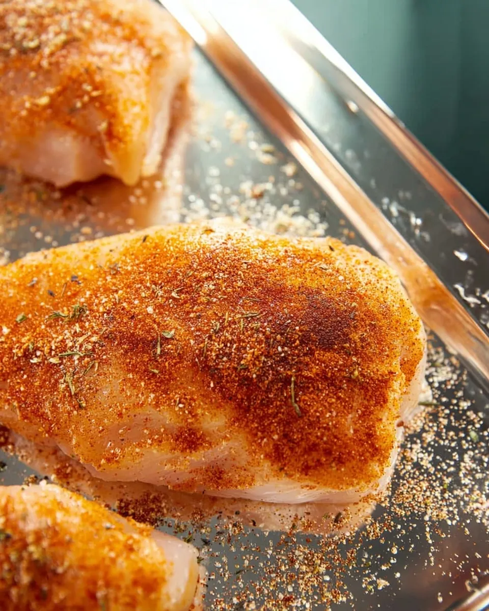 chicken breast Close-up angled shot of a raw chicken breast generously coated in a paprika and herb seasoning blend, resting on a reflective tray. The spice mixture covers the meat evenly, showing visible flecks of dried oregano and garlic powder.
