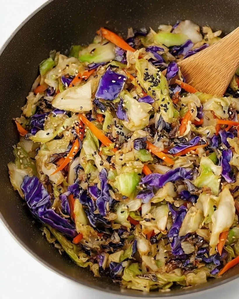 Top-down view of a colorful cabbage stir fry cooking in a black wok, featuring shredded green and purple cabbage, carrots, and sesame seeds being tossed with a wooden spatula.