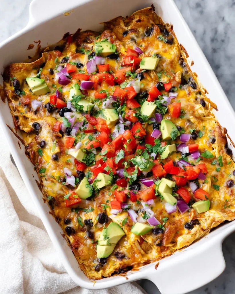 Top-down view of a baked chicken enchilada casserole in a white rectangular baking dish, generously topped with fresh diced avocado, tomatoes, red onion, and chopped cilantro on a marble surface.