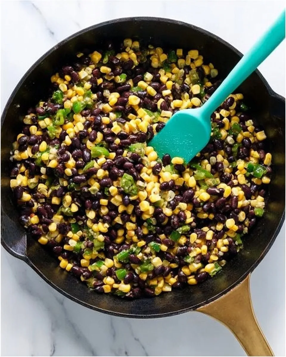 Overhead view of a black skillet filled with black beans, yellow corn, and diced green jalapeños being mixed with a teal spatula.