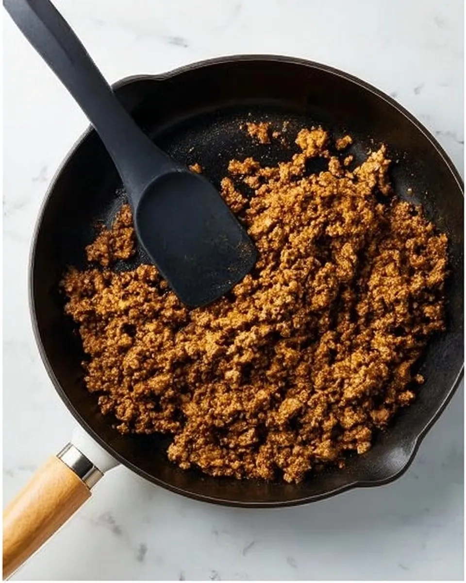 Overhead view of seasoned ground beef browning in a black skillet with a spatula, preparing the protein filling for the bean and rice burrito bowl.